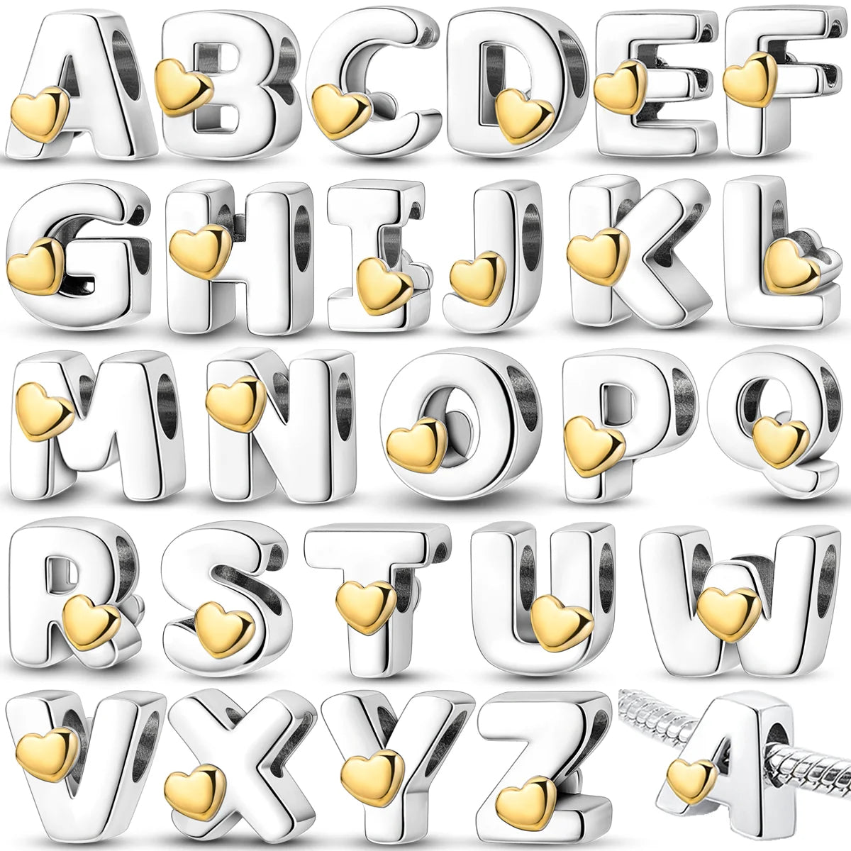RomiVega 925 Sterling Silver Charms— Gold & Stone Letter Series Collection