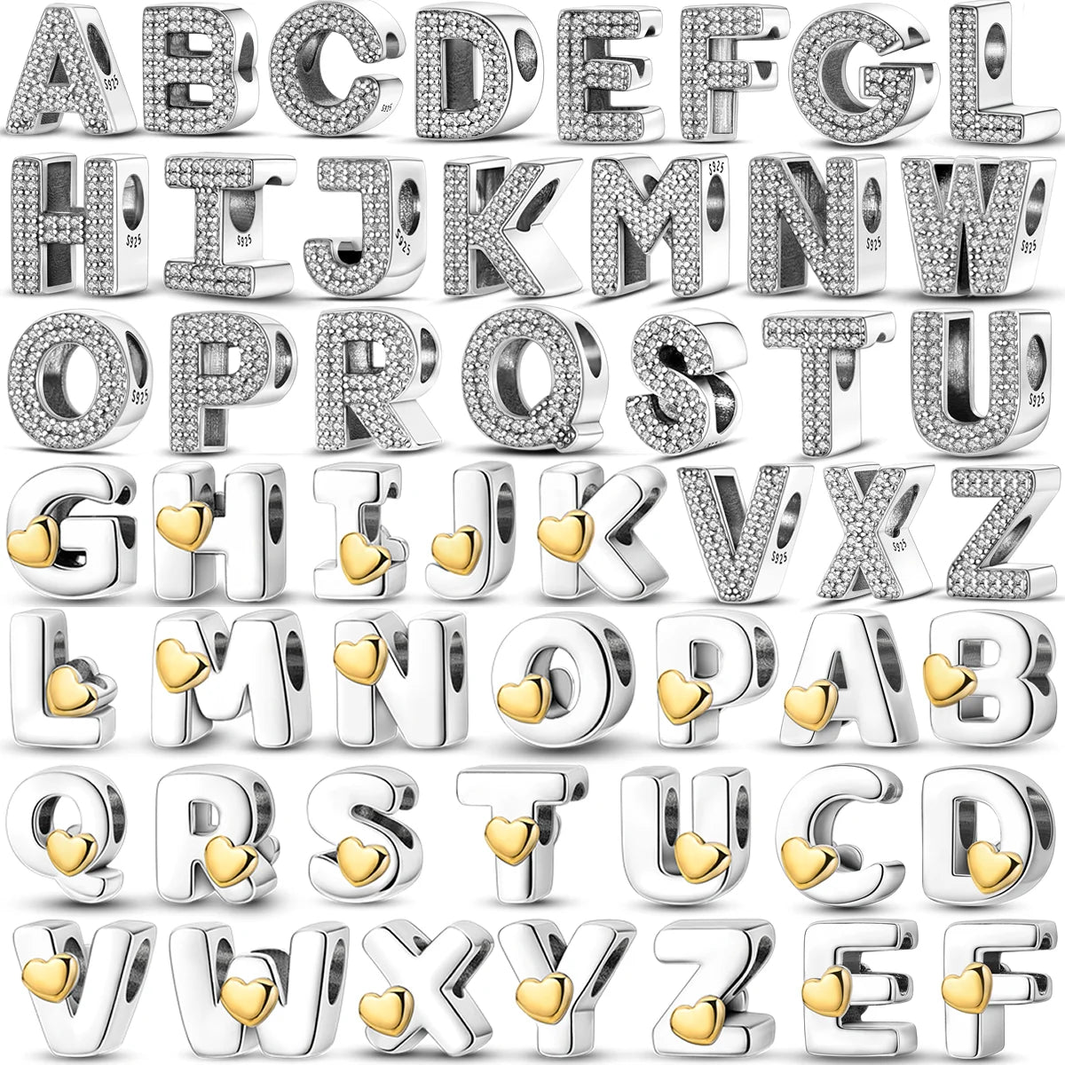 RomiVega 925 Sterling Silver Charms— Gold & Stone Letter Series Collection